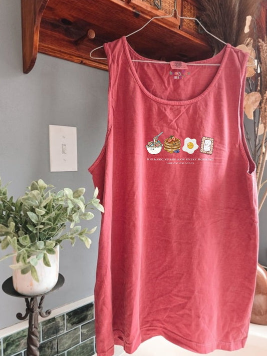His Mercies are New Every Morning Breakfast Dahlia Red Tank Top.