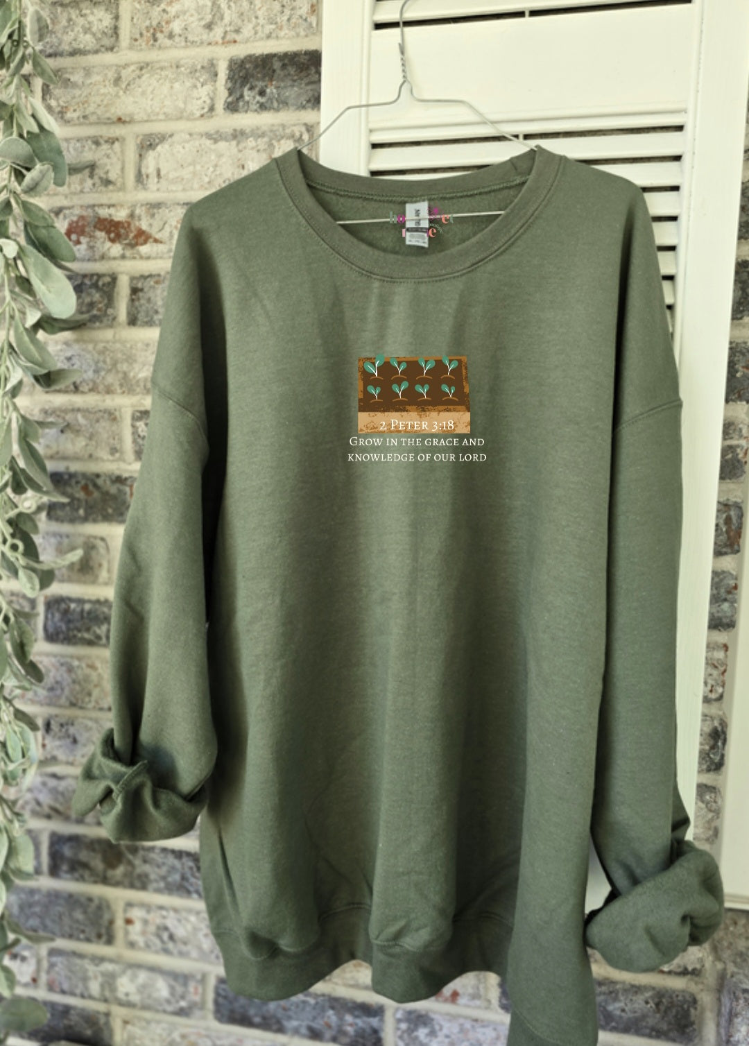 Grow in The Grace and Knowledge of Our Lord. Olive Green Crewneck Sweatshirt.