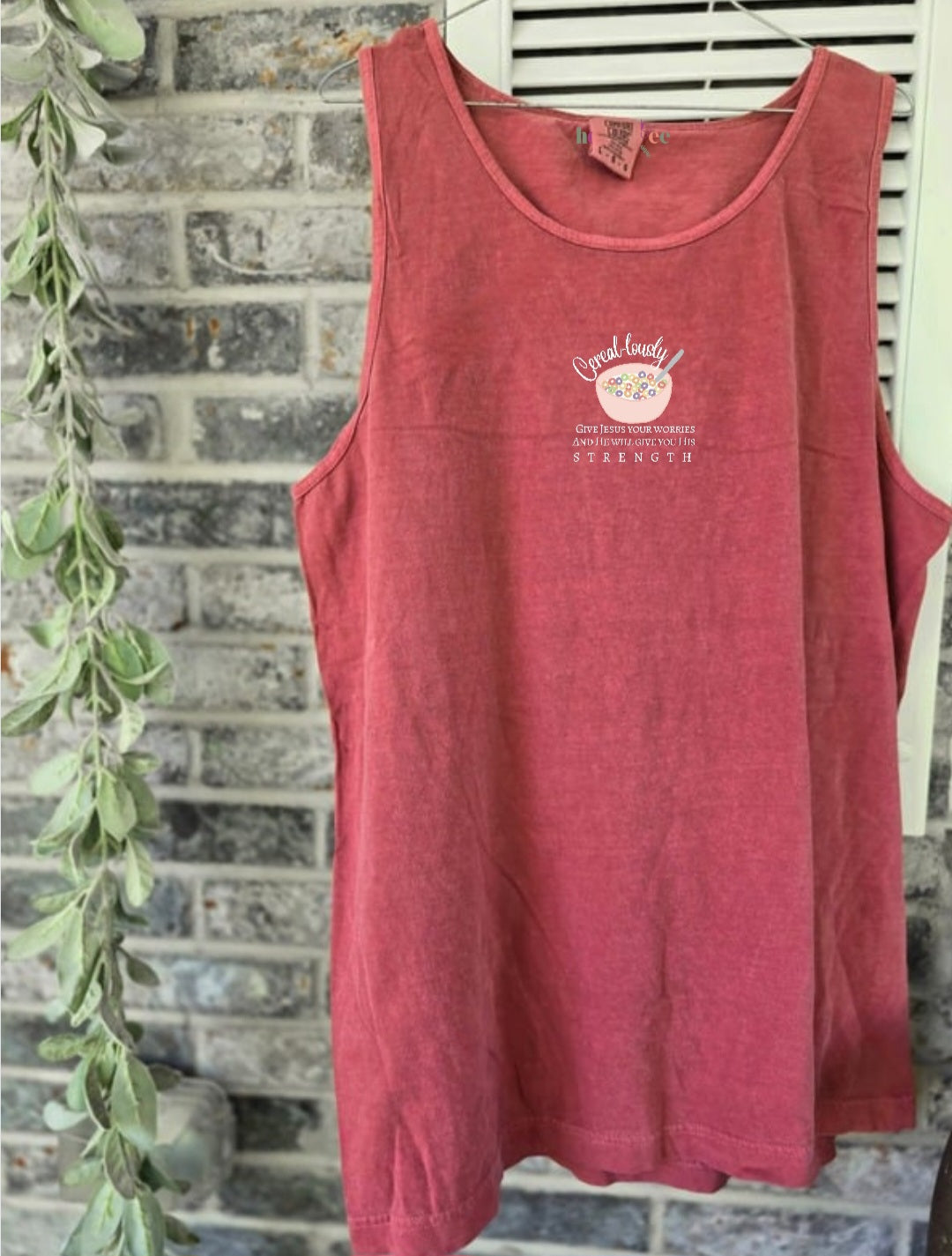 Cereal-lously Give Jesus Your Worries and He Will Give You His Strength. Dahlia Red Tank Top.