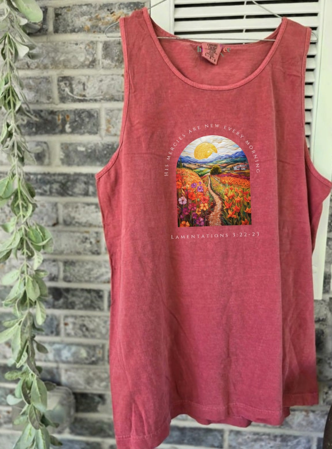 Watercolor Flower Fields His Mercies are New Every Morning. Dahlia Red Tank Top.