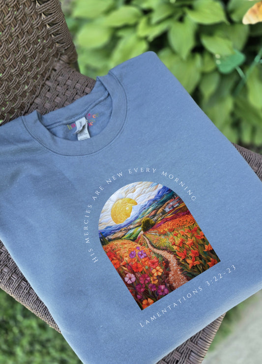 Watercolor Flower Fields His Mercies are New Every Morning. Stone Blue Crewneck Sweatshirt.
