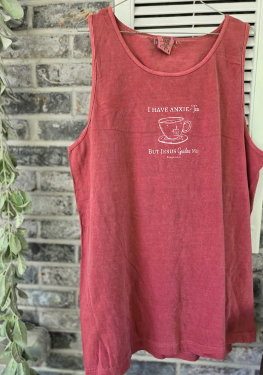 I Have Anxie-tea But Jesus Guides Me. Dahlia Red Tank Top.