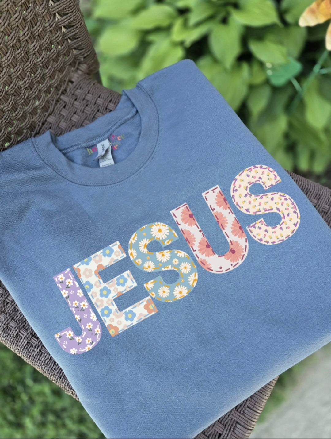 Patchwork Jesus. Stone Blue Crewneck Sweatshirt.