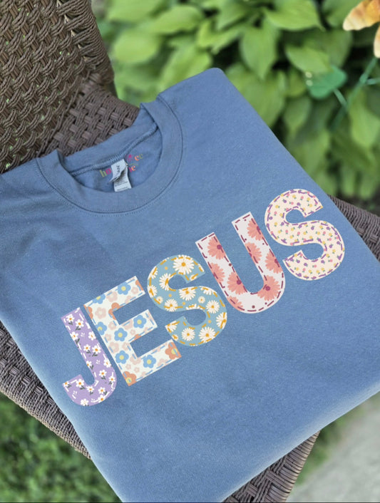 Patchwork Jesus. Stone Blue Crewneck Sweatshirt.