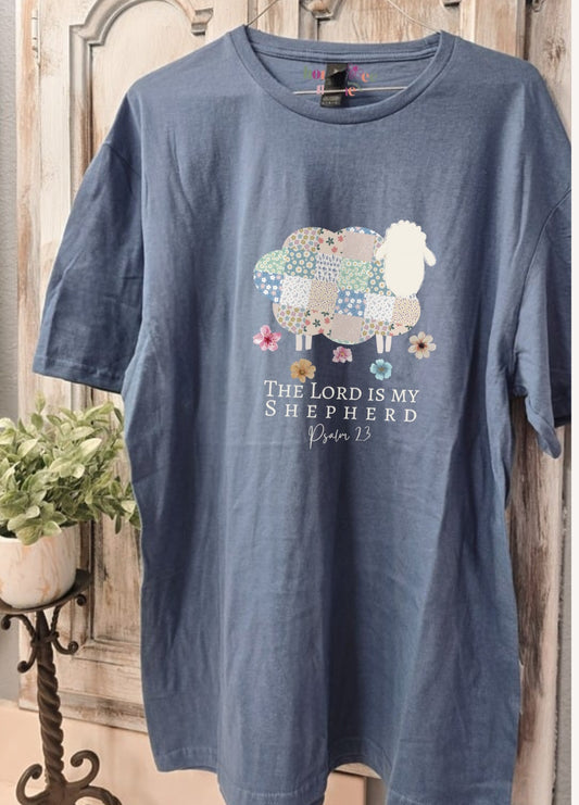 The Lord is My Shepherd Quilt Inspired. Stone Blue Tee.