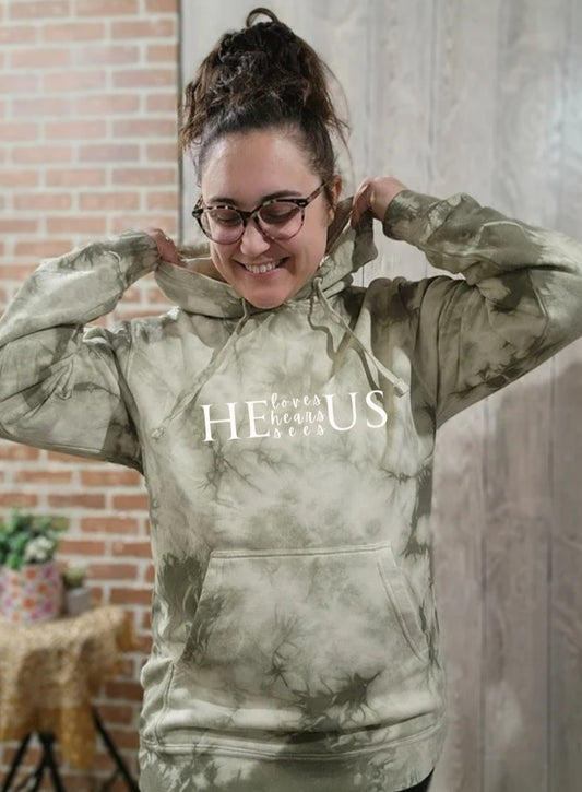 He Loves Sees Hears Us. Olive Hand Dyed Tie Dye Hoodie.