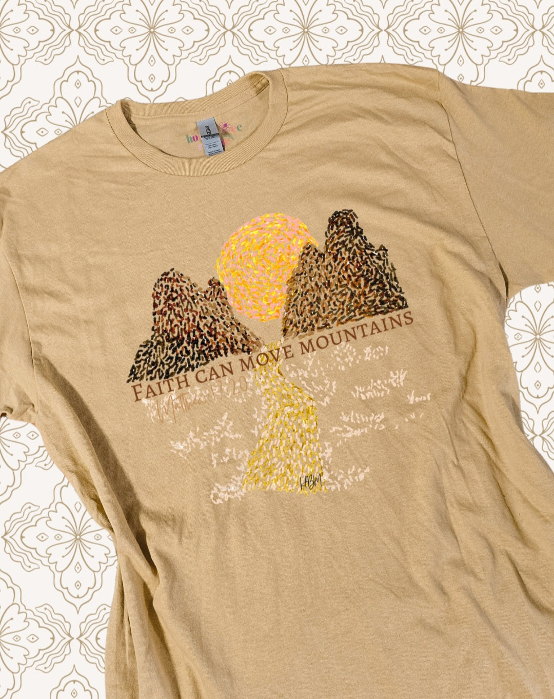 Faith Can Move Mountains. Vintage Gold Tee.