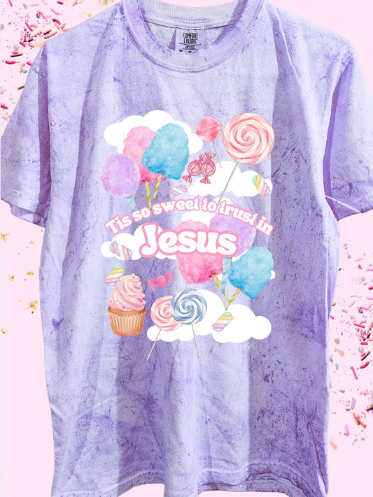 Tis So Sweet To Trust in Jesus. Amethyst Purple Comfort Colors Tie Dye Tee.