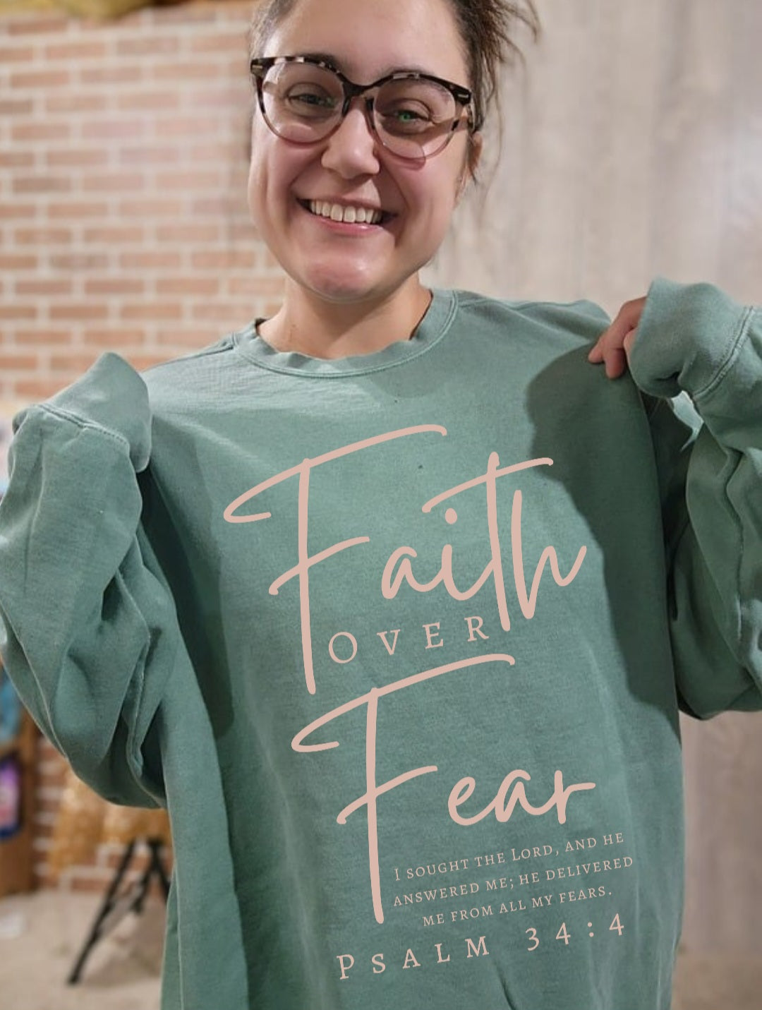 Faith Over Fear. Sage Green Comfort Colors Crewneck Sweatshirt.