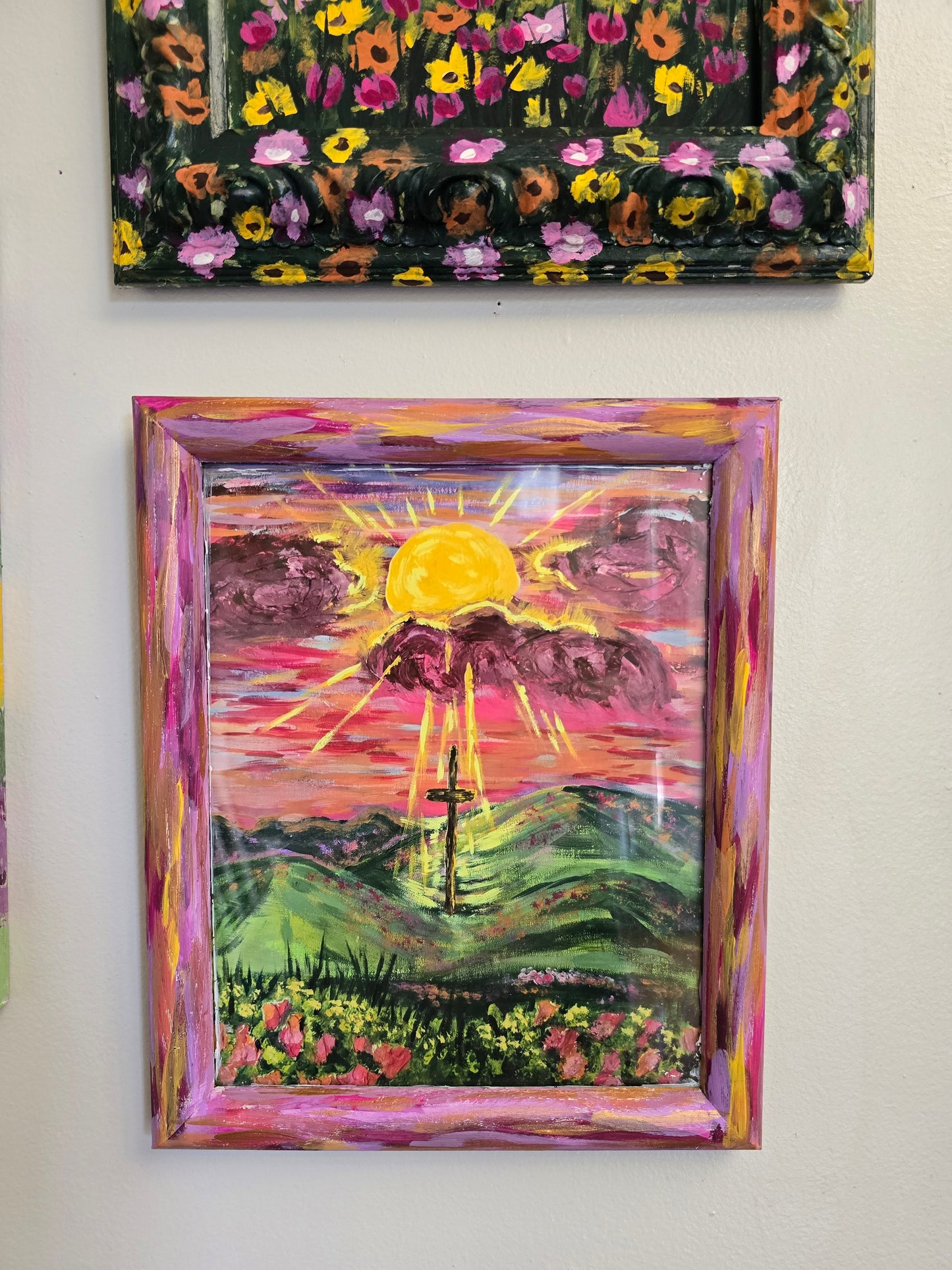9.5x11.5in Sunrays Beaming Through The Clouds. Print Inside Original Painted Frame.