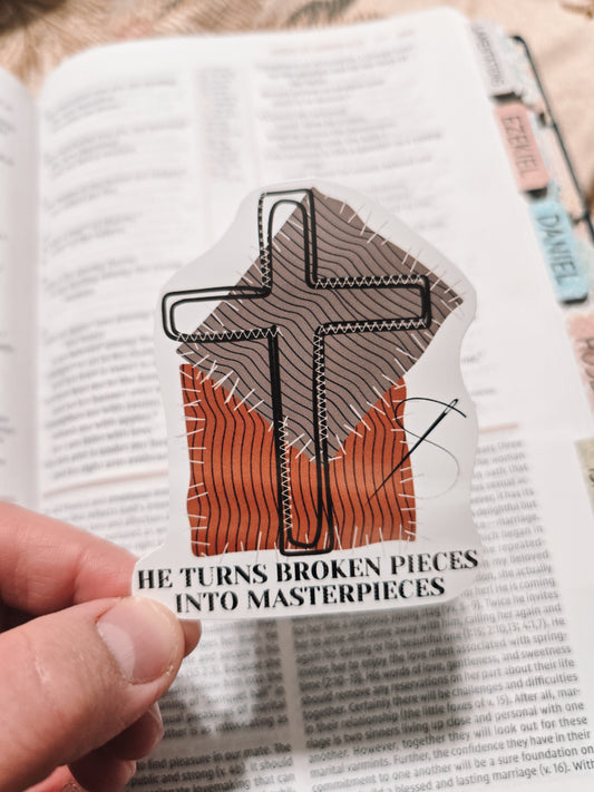 He Turns Broken Pieces Into Masterpieces. Artwork Vinyl Waterproof Sticker.
