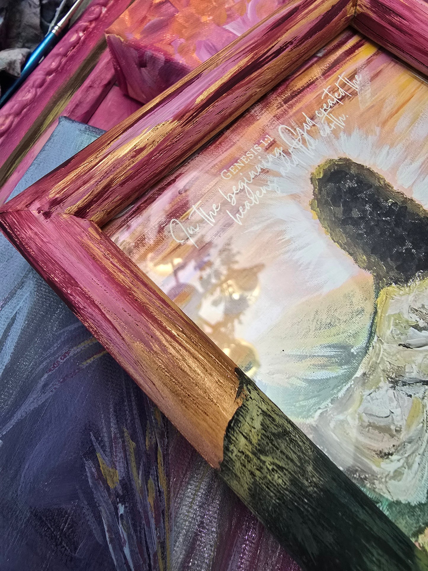 6x8in. In The Beginning, God Created The Heavens and The Earth. Print Inside Orignal Painted Wooden Frame.