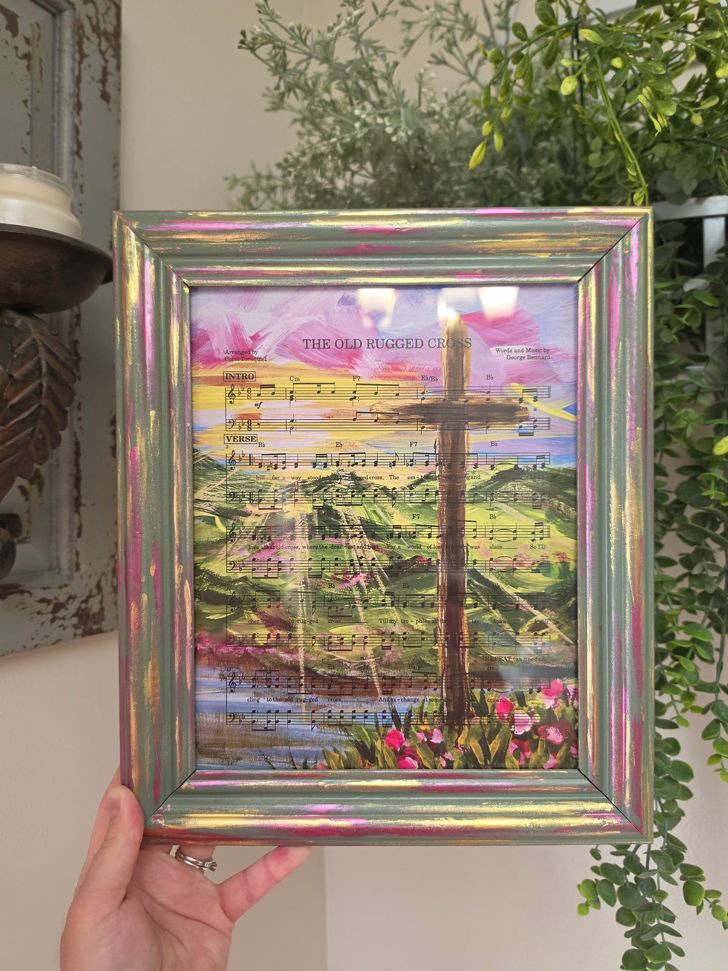 The Old Rugged Cross Hymn on HBM Art. Print Inside Hand Painted Frame.