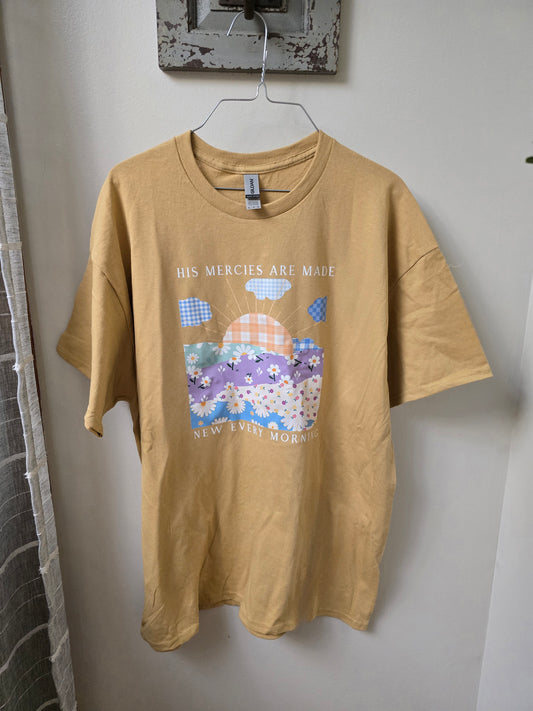 Size Unisex XL. His Mercies Are New Every Morning.  Vintage Gold Tee.