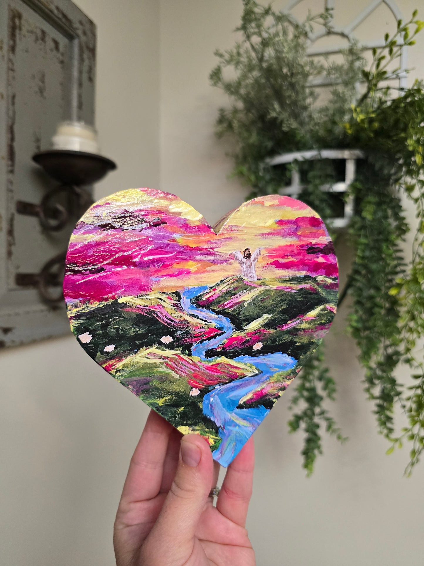 Living Waters. Wooden Mini Heart Textured Art Print.