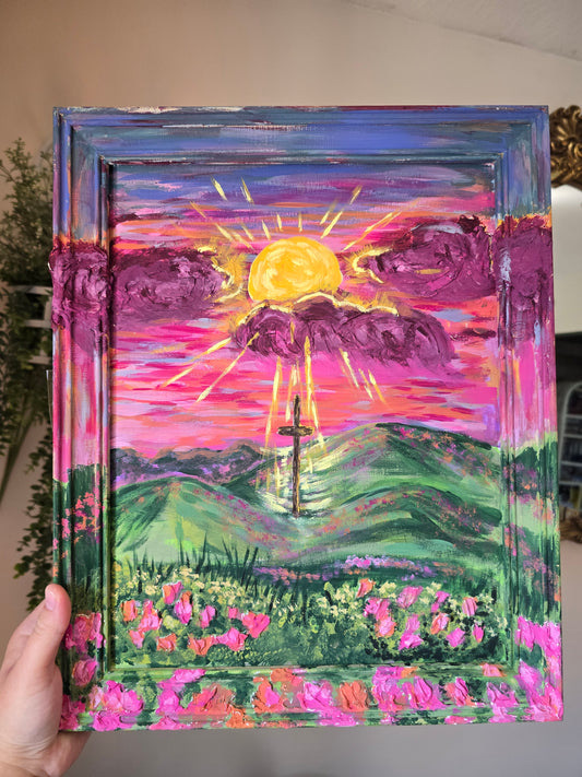 Sunrays Beaming Through The Clouds. Original Artwork. Panel Canvas In Painted Wooden Frame.