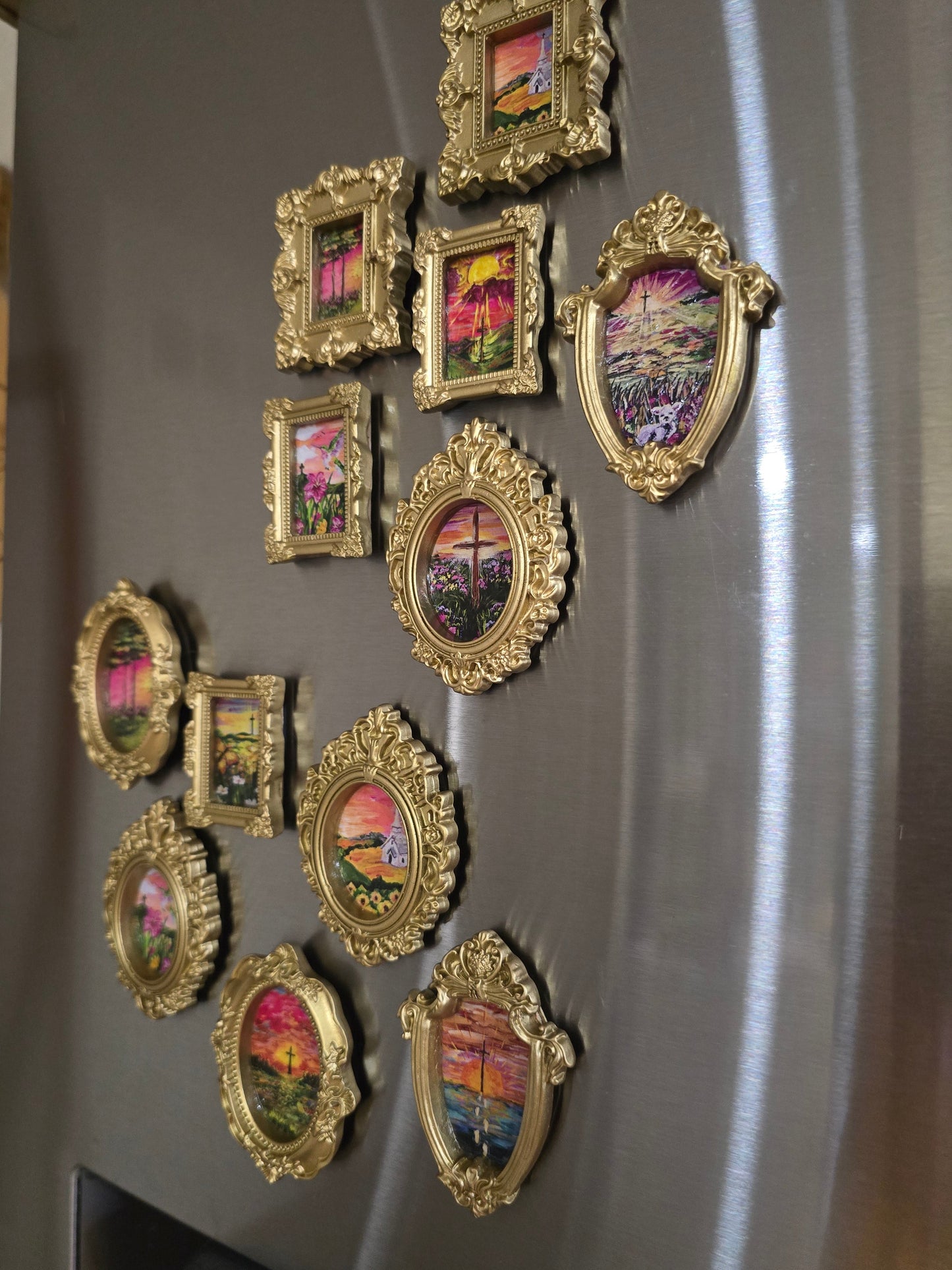 Mystery 1 Piece Magnet. Mini Golden Painted Framed, Textured Artwork Magnet.
