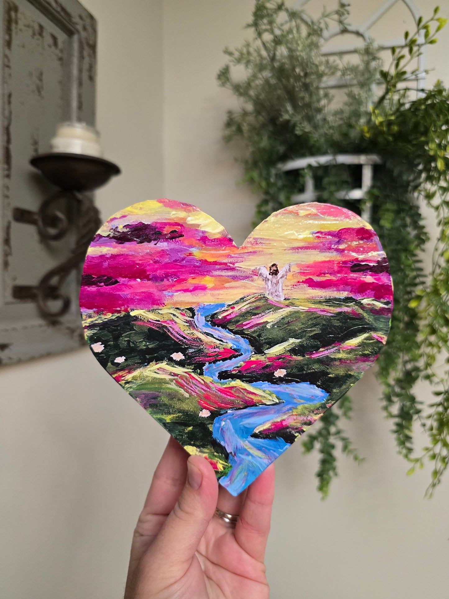 Living Waters. Wooden Mini Heart Textured Art Print.