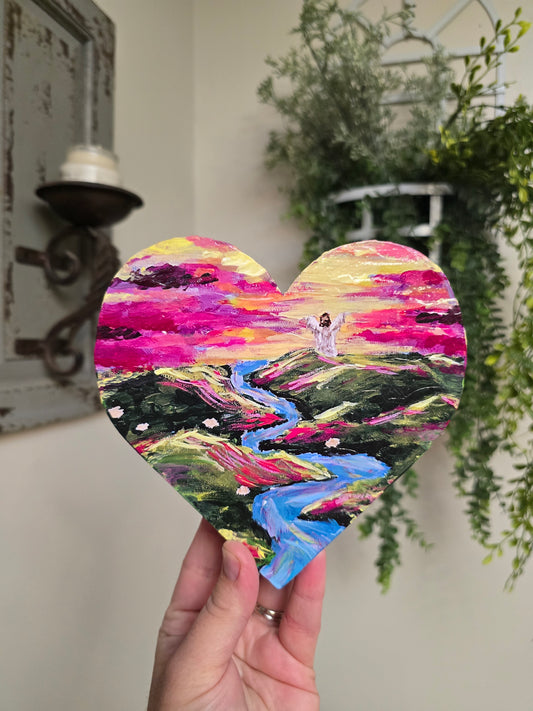 Living Waters. Wooden Mini Heart Textured Art Print.