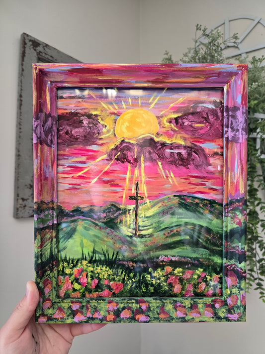 9.5x11.5in Sunrays Beaming Through The Clouds. Print Inside Original Painted Frame.