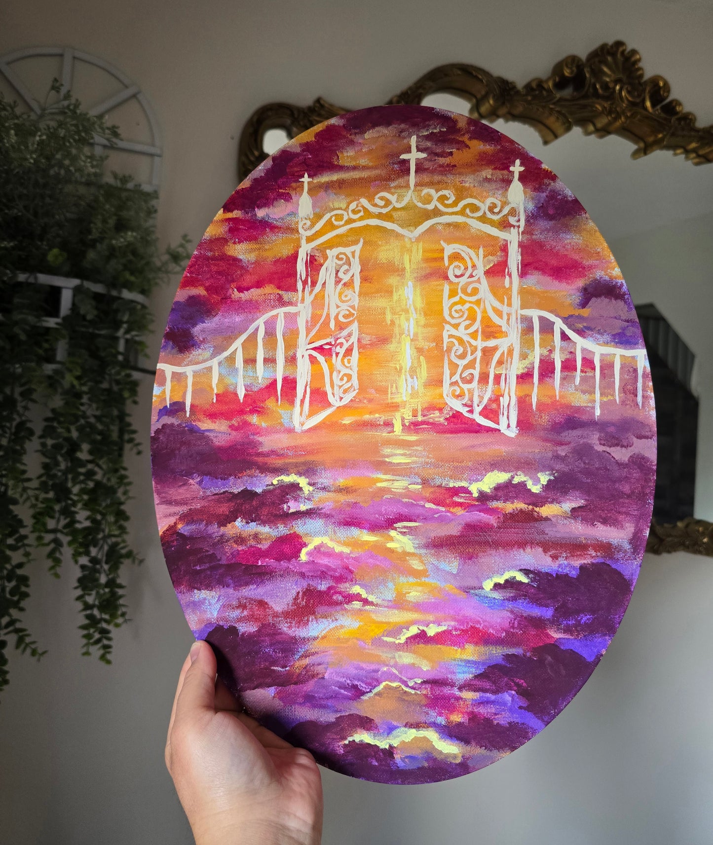The Gates of Heaven. Original Art. Oval Panel Canvas