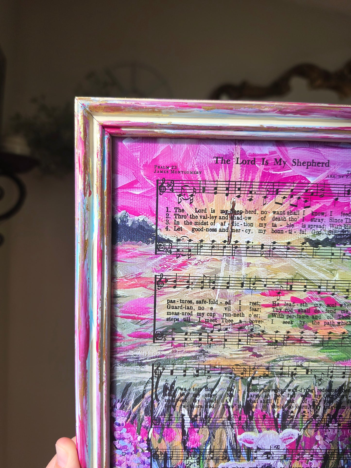 The Lord Is My Shepherd Hymn On HBM Artwork. Inside Hand Painted Frame.