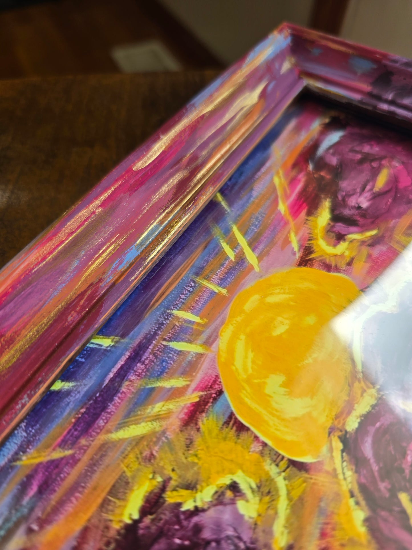 9.5x11.5in Sunrays Beaming Through The Clouds. Print Inside Original Painted Frame.