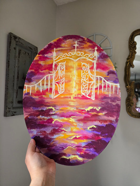 The Gates of Heaven. Original Art. Oval Panel Canvas