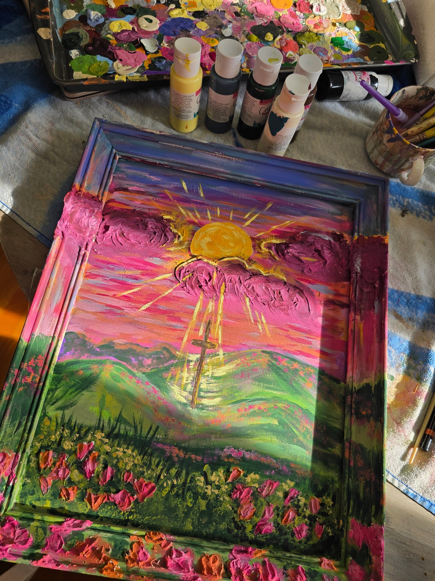 Sunrays Beaming Through The Clouds. Original Artwork. Panel Canvas In Painted Wooden Frame.