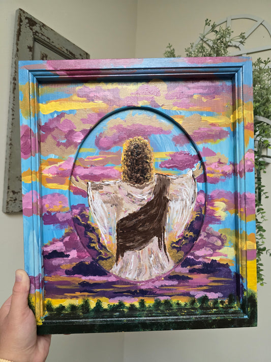 13x14in Jesus Is Coming In The Clouds. Original Painted Art. Canvas Inside Wooden Frame.