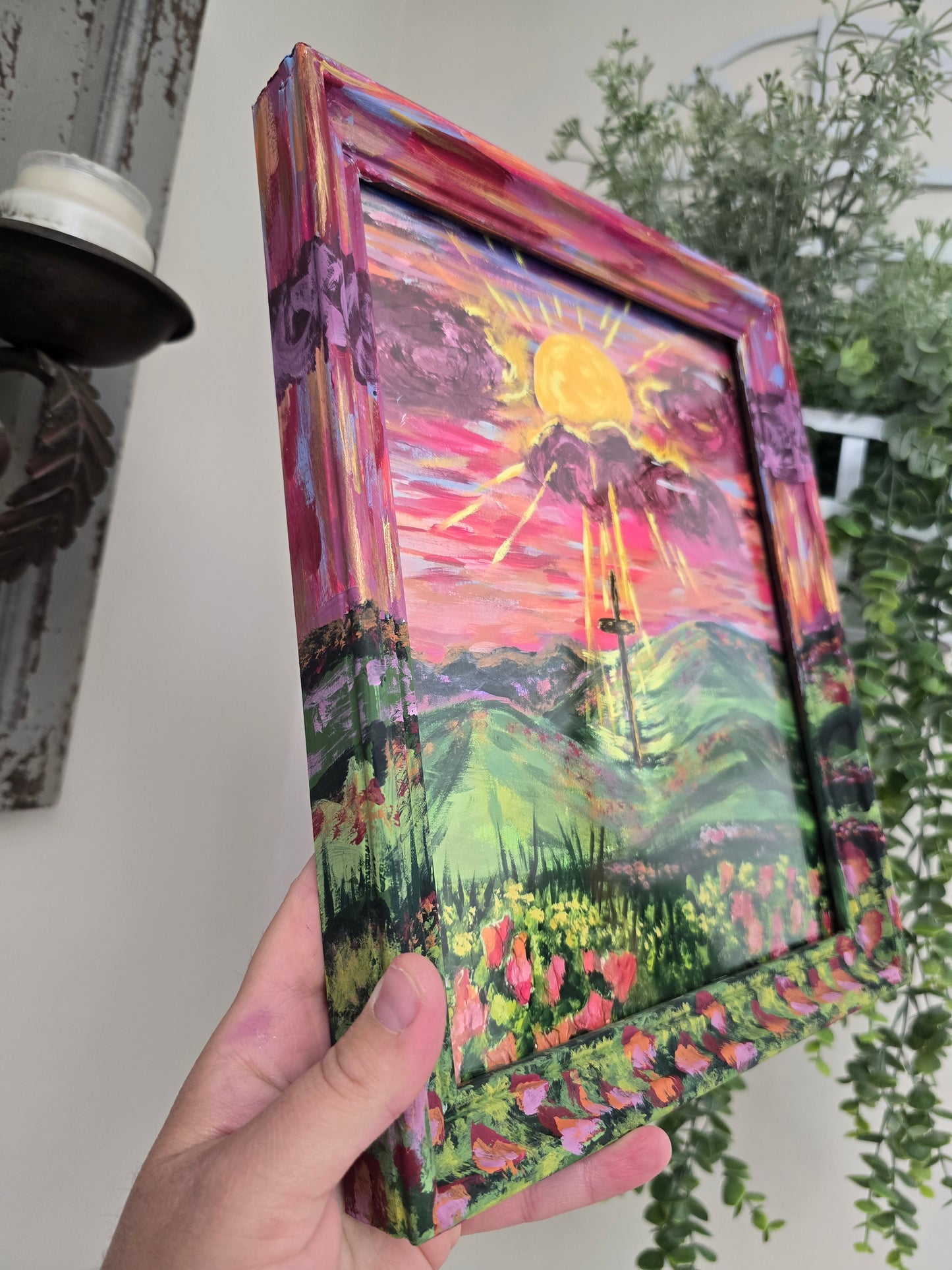 9.5x11.5in Sunrays Beaming Through The Clouds. Print Inside Original Painted Frame.
