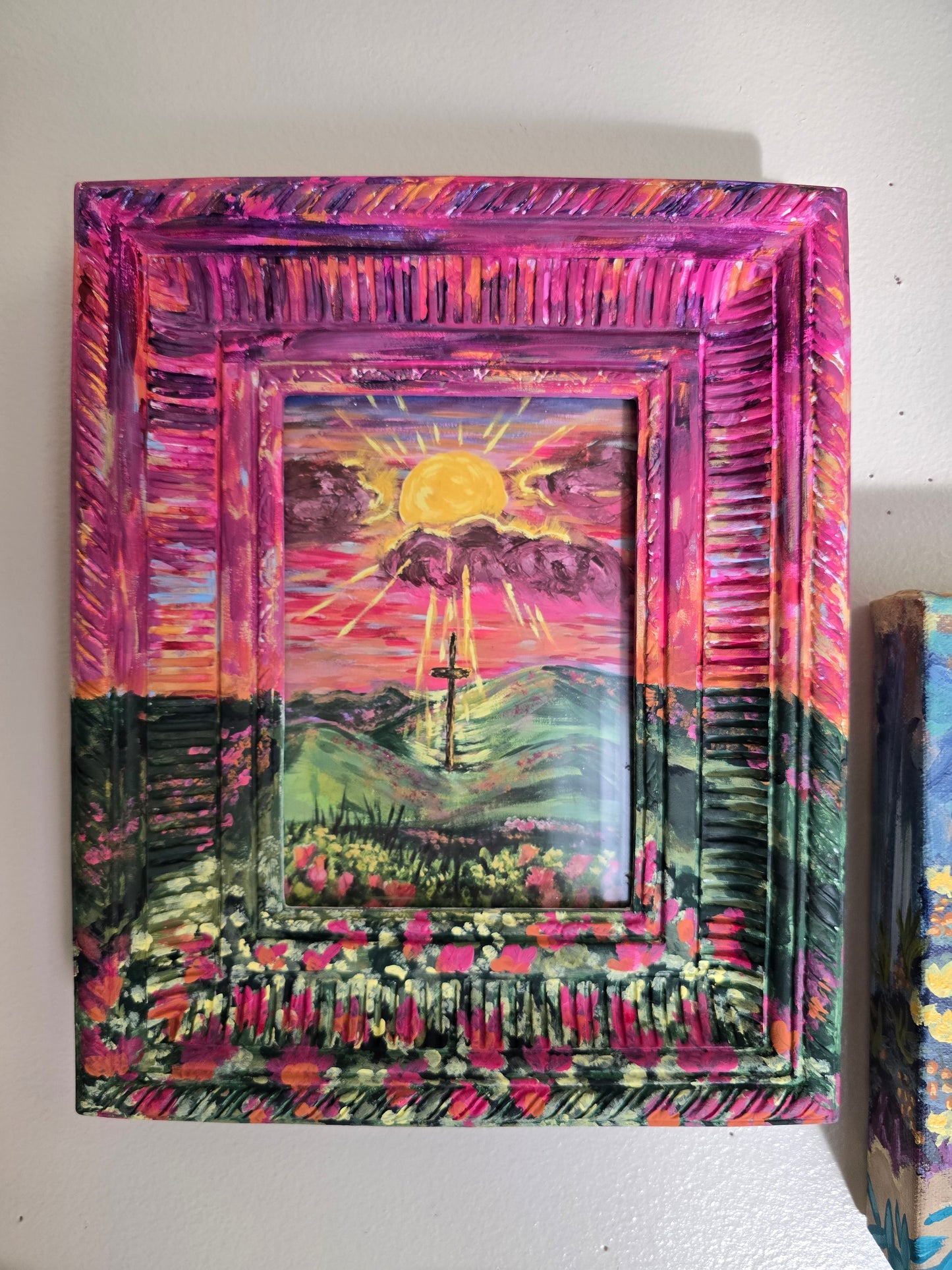 9x10in Sunrays Beaming Through The Clouds. Print Inside Original Painted Frame.