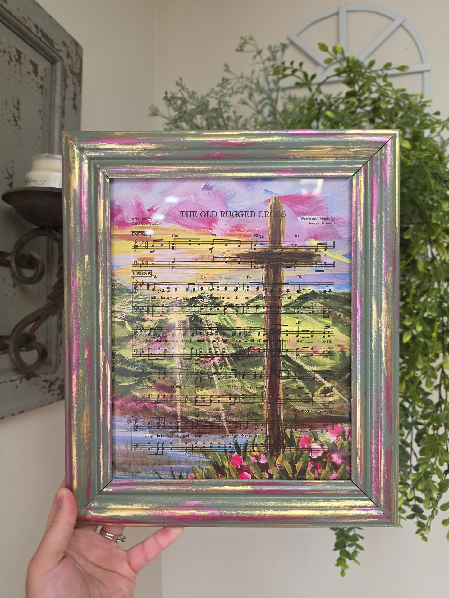 The Old Rugged Cross Hymn on HBM Art. Print Inside Hand Painted Frame.