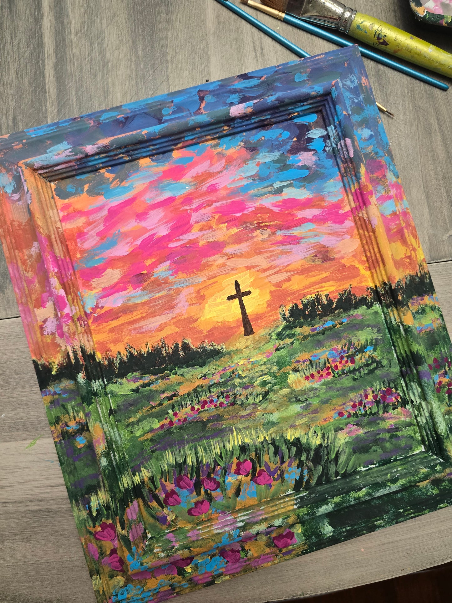 11x13in. Follow Me. Original Painted Art. Canvas Inside Wooden Frame.