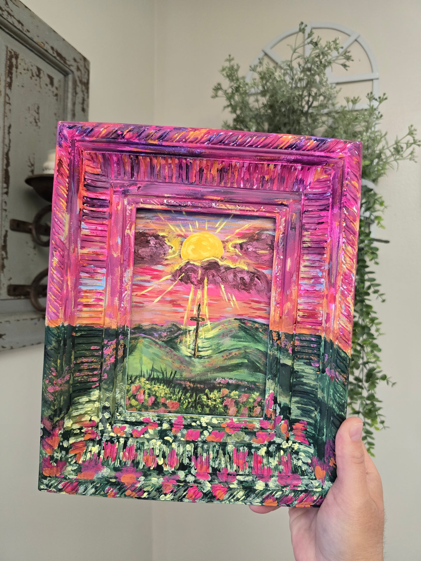 9x10in Sunrays Beaming Through The Clouds. Print Inside Original Painted Frame.