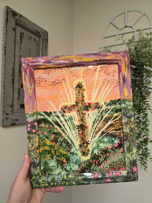 Flower Garden Cross. Painted Framed Print .
