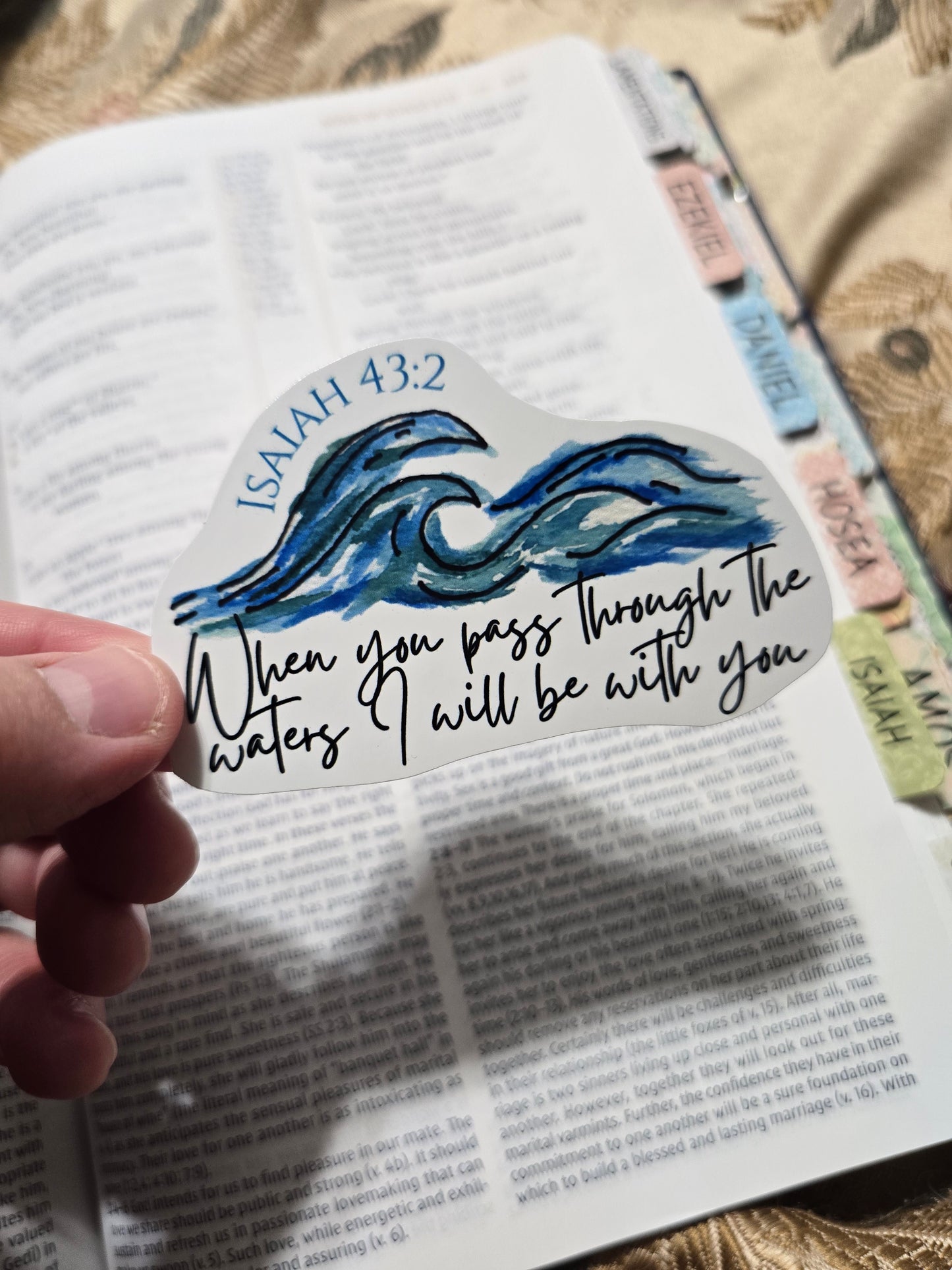 When You Oass Through The Waters I Will Be With You. Artwork Vinyl Waterproof Sticker.