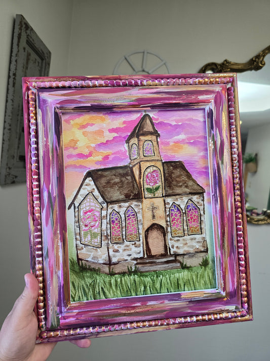 Stained Glass Church.  Print Inside Painted Frame.