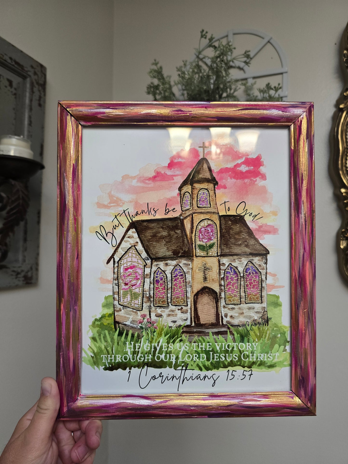 9.5x11.5in But Thanks Be To God. Print Inside Original Painted Frame.