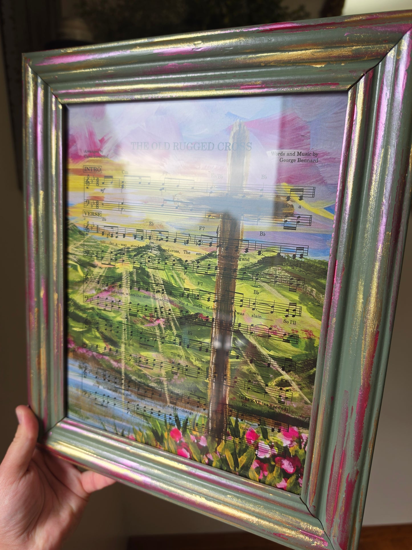 The Old Rugged Cross Hymn on HBM Art. Print Inside Hand Painted Frame.