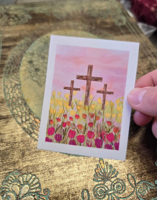 Cross In Tulip Field. Artwork Vinyl Waterproof Sticker. Honey Bee Mine