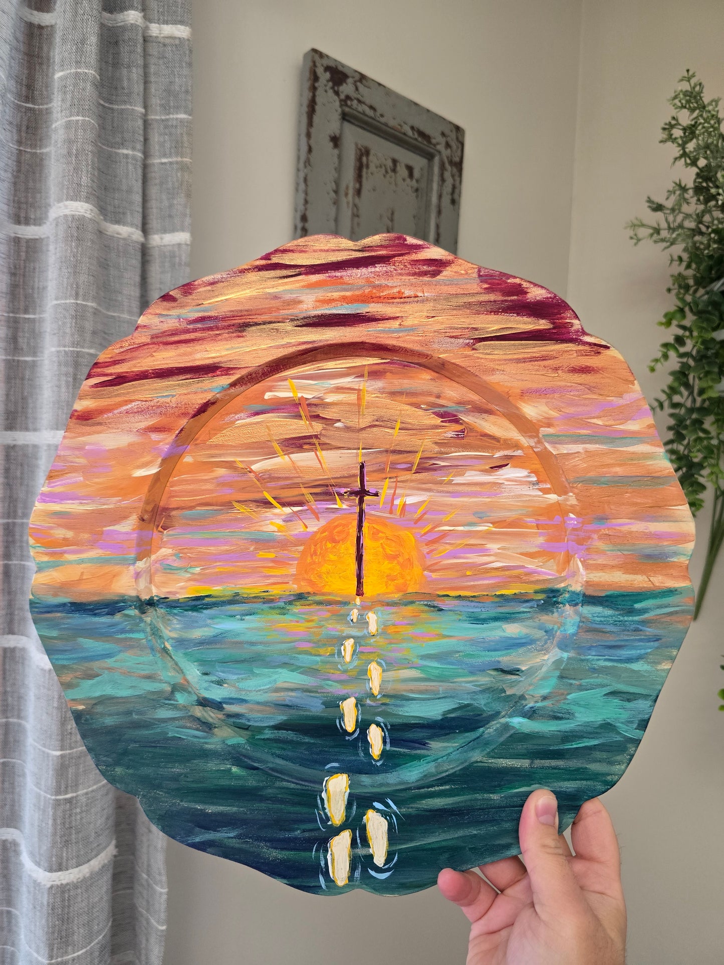 13in Diameter. Selfless. Original Painted Artwork On Wooden Plate.