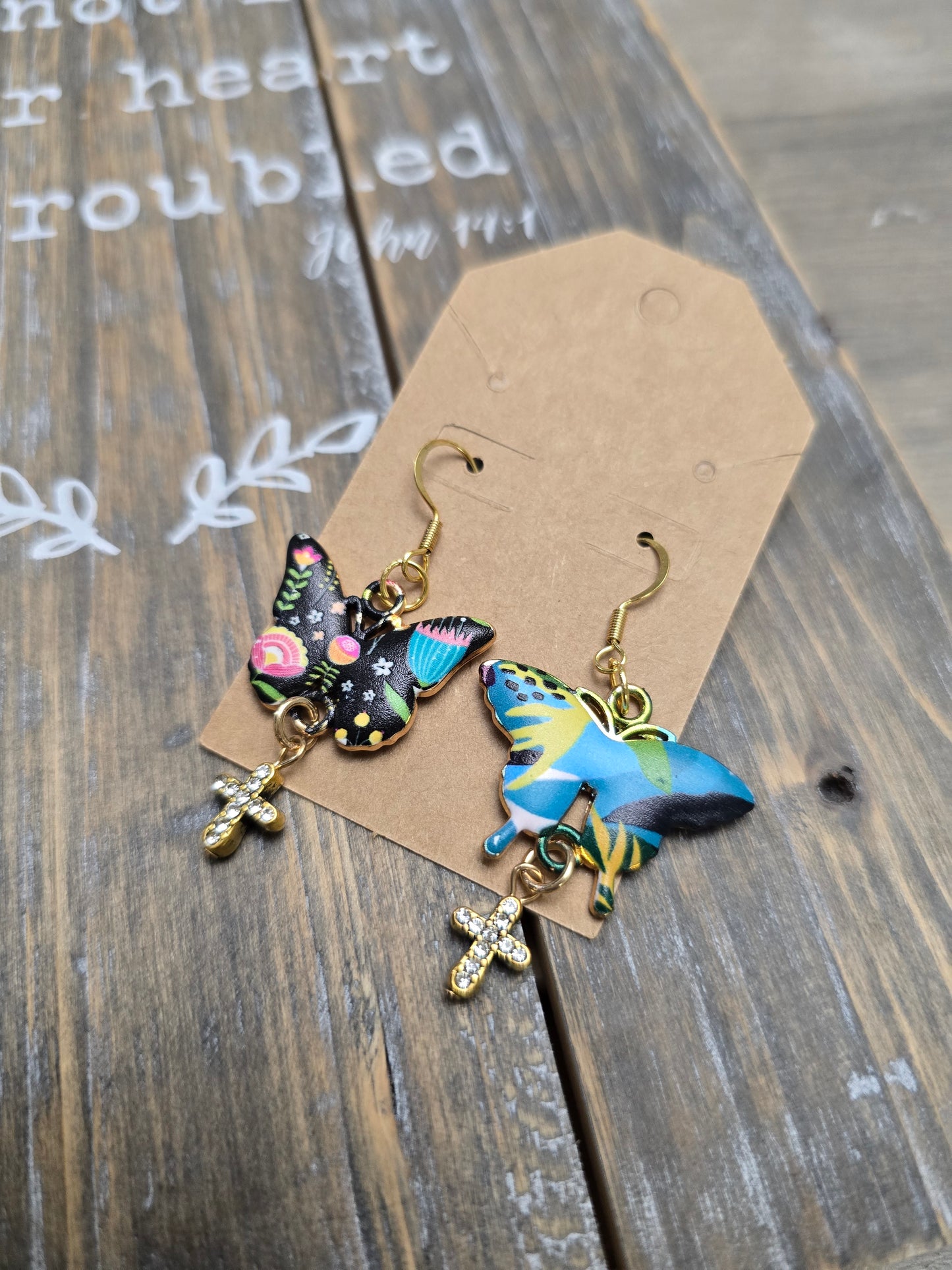 Patchwork Style Butterfly Cross Earrings. Style #3.