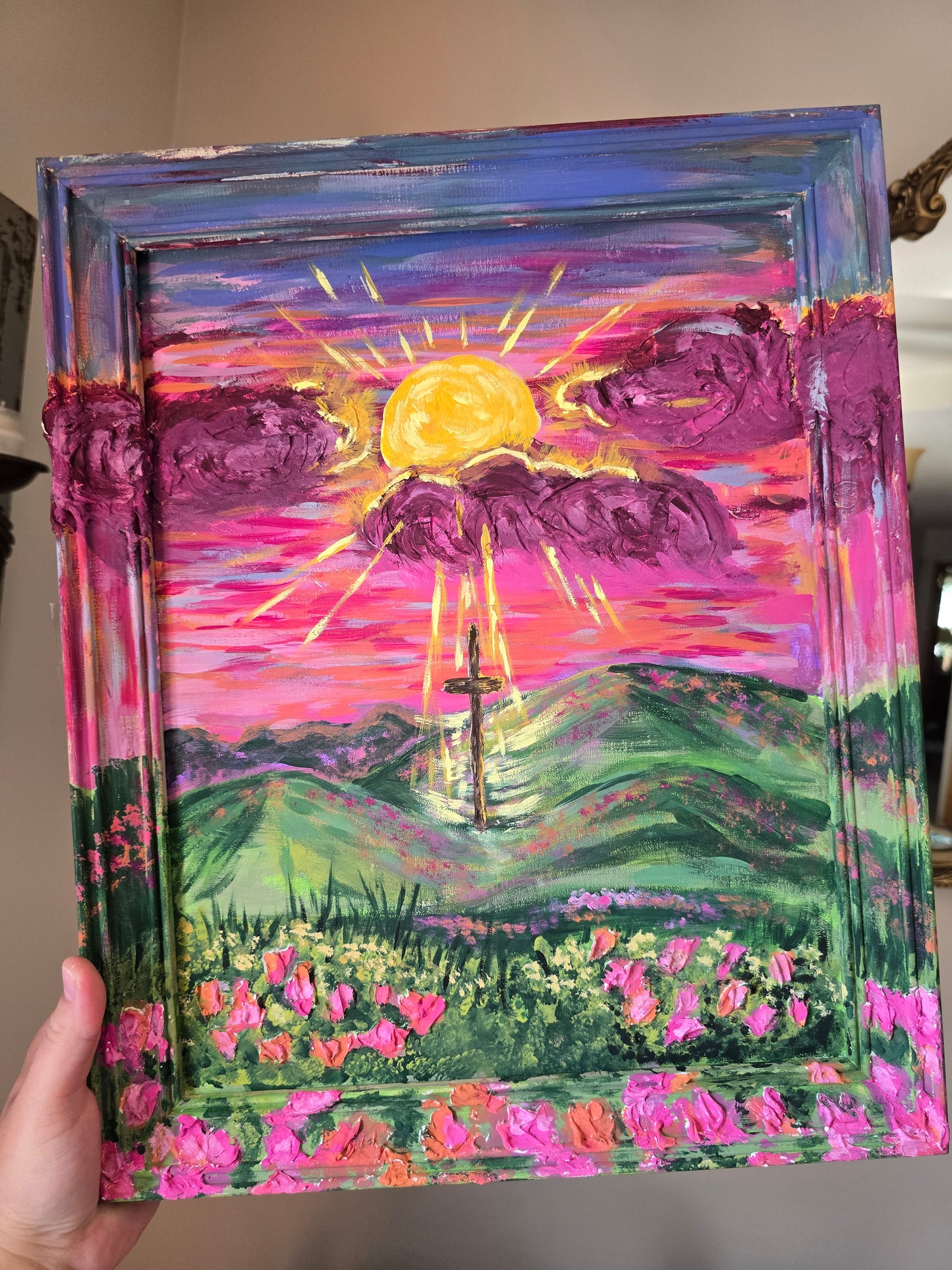Sunrays Beaming Through The Clouds. Original Artwork. Panel Canvas In Painted Wooden Frame.