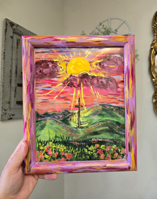 9.5x11.5in Sunrays Beaming Through The Clouds. Print Inside Original Painted Frame.