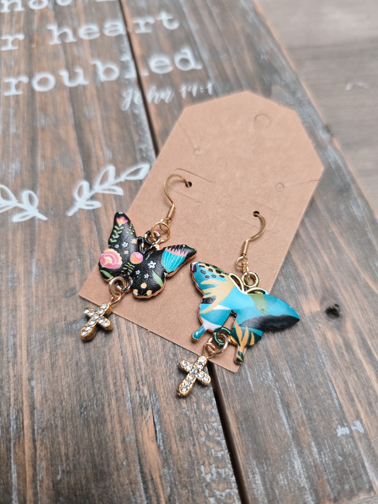 Patchwork Style Butterfly Cross Earrings. Style #3.