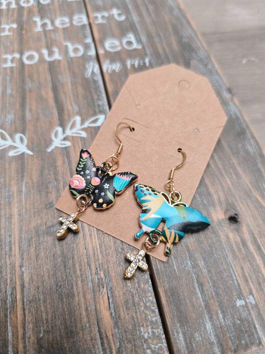 Patchwork Style Butterfly Cross Earrings. Style #3.