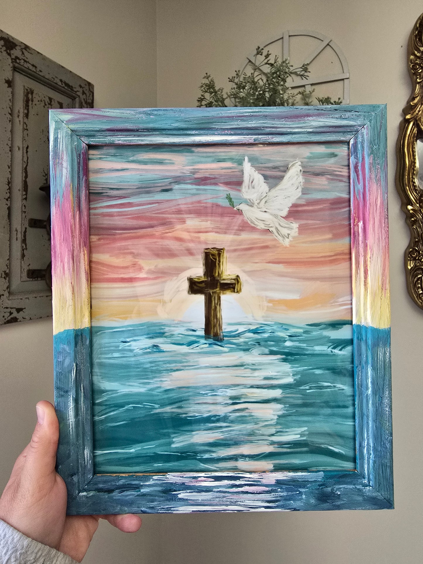 9.5x11.5in New Beginnings. Print In Painted Wooden Frame.