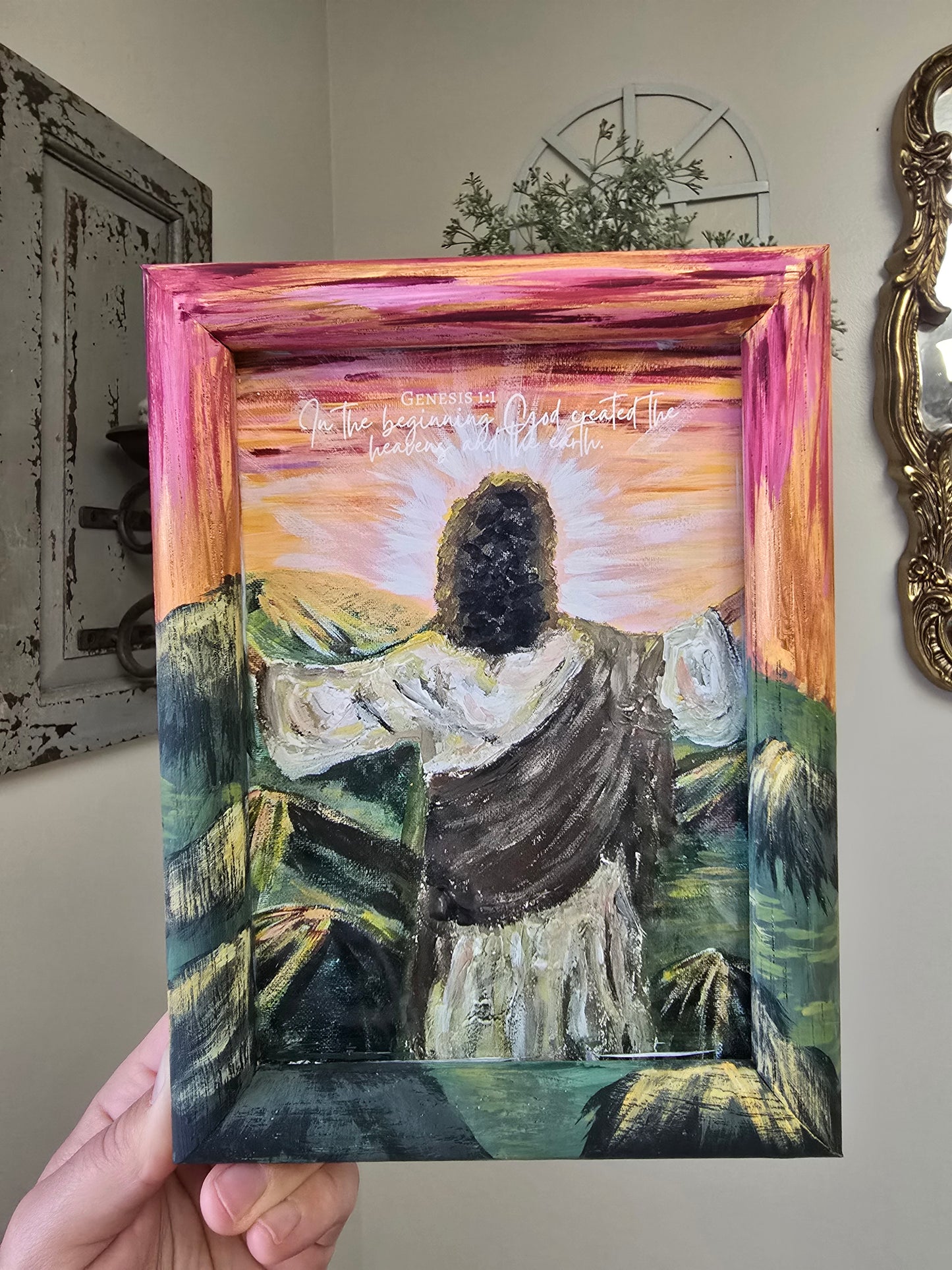 6x8in. In The Beginning, God Created The Heavens and The Earth. Print Inside Orignal Painted Wooden Frame.