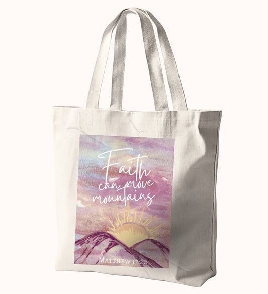 Faith Can Move Mountains Artwork Bible Study Tote Bag. 10in x 10in.